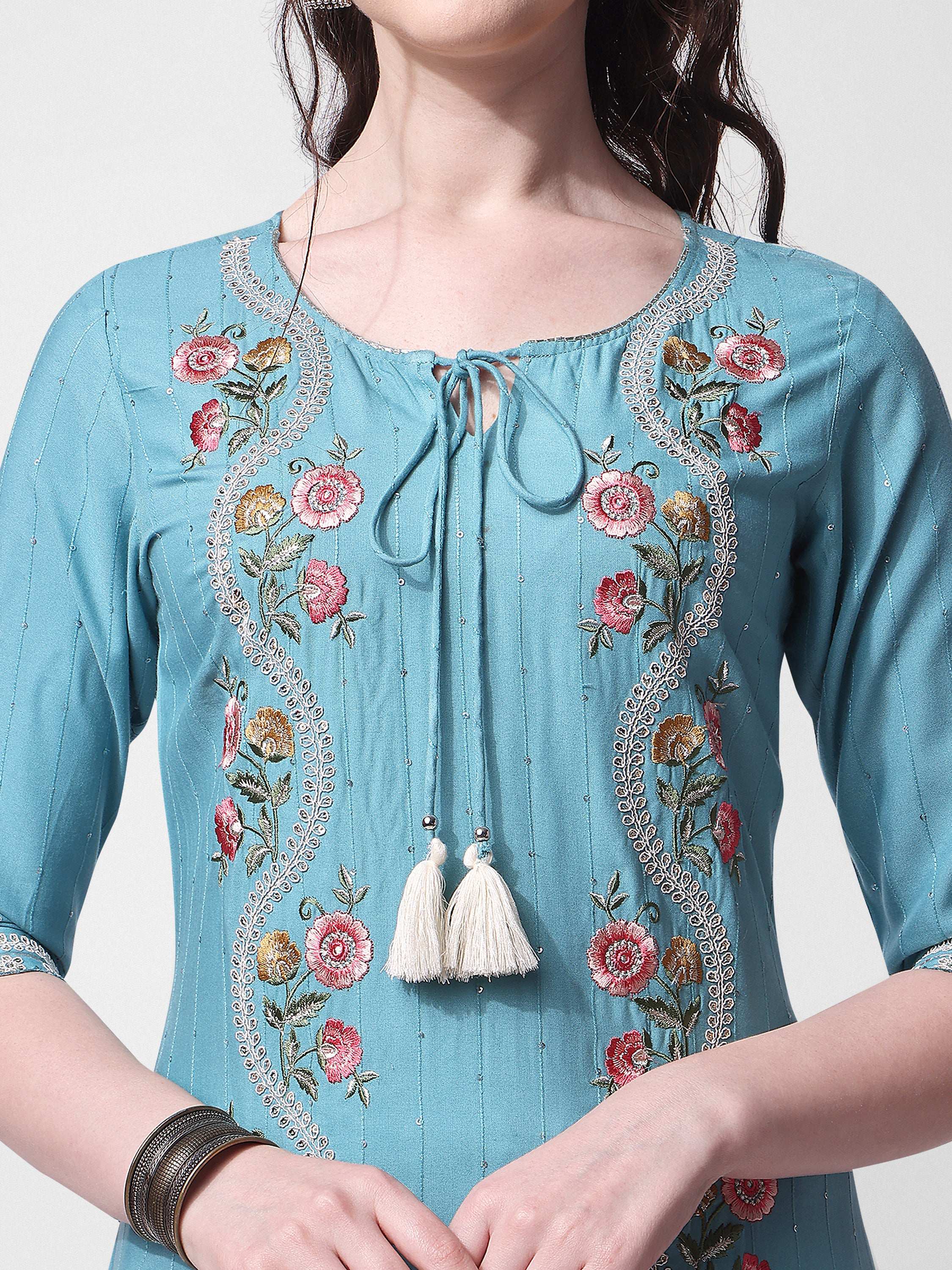 Embroidered Rayon Sequined Kurta With Pant & Dupatta Set Premium, Multicolor - Hiral Fashion | Grocsy