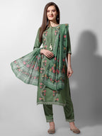 Embroidered Rayon Sequined Green Kurta With Pant & Dupatta Set Premium, Multicolor - Hiral Fashion | Grocsy