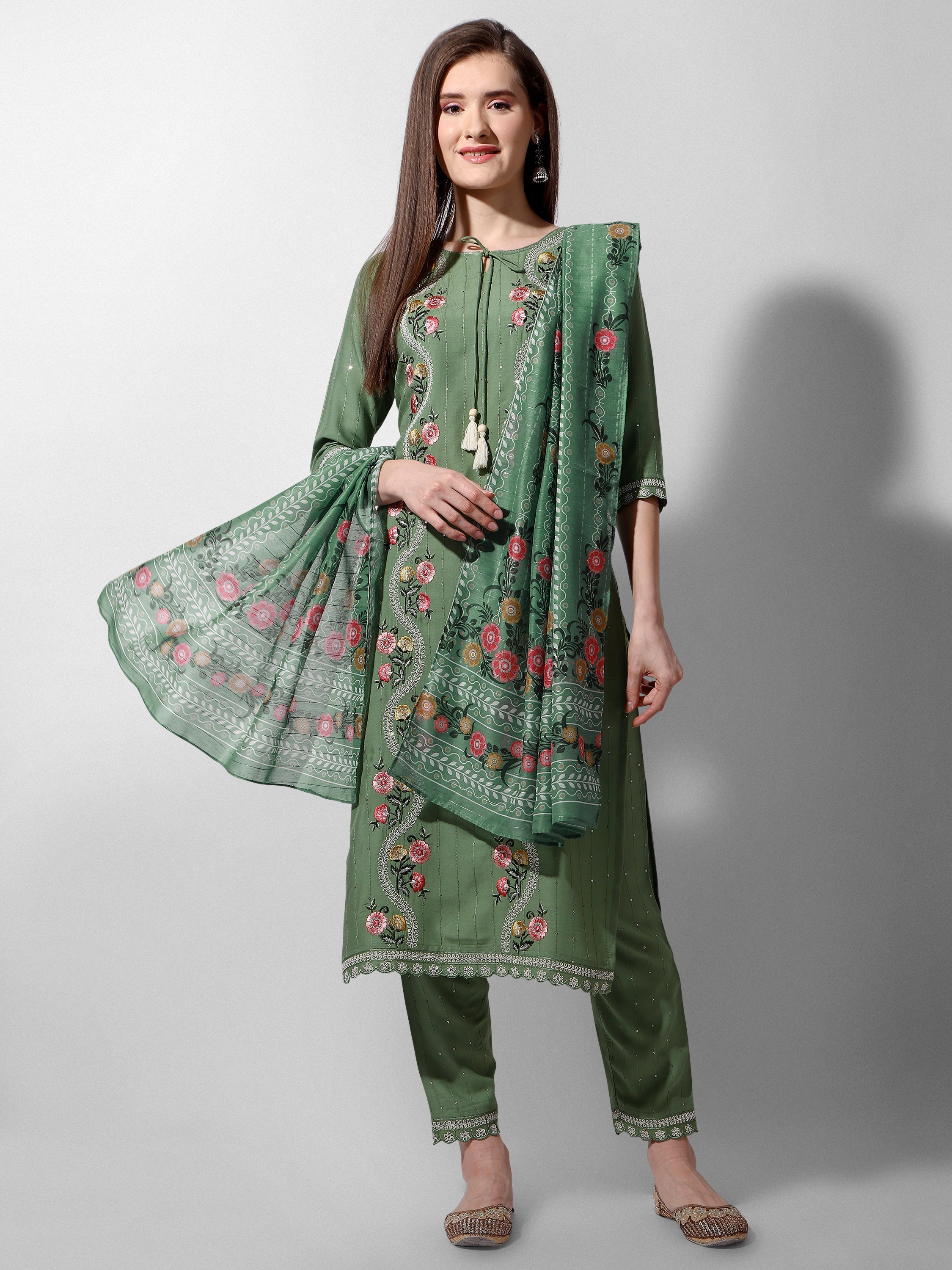 Embroidered Rayon Sequined Green Kurta With Pant & Dupatta Set Premium, Multicolor - Hiral Fashion | Grocsy