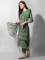 Embroidered Rayon Sequined Green Kurta With Pant & Dupatta Set Premium, Multicolor - Hiral Fashion | Grocsy