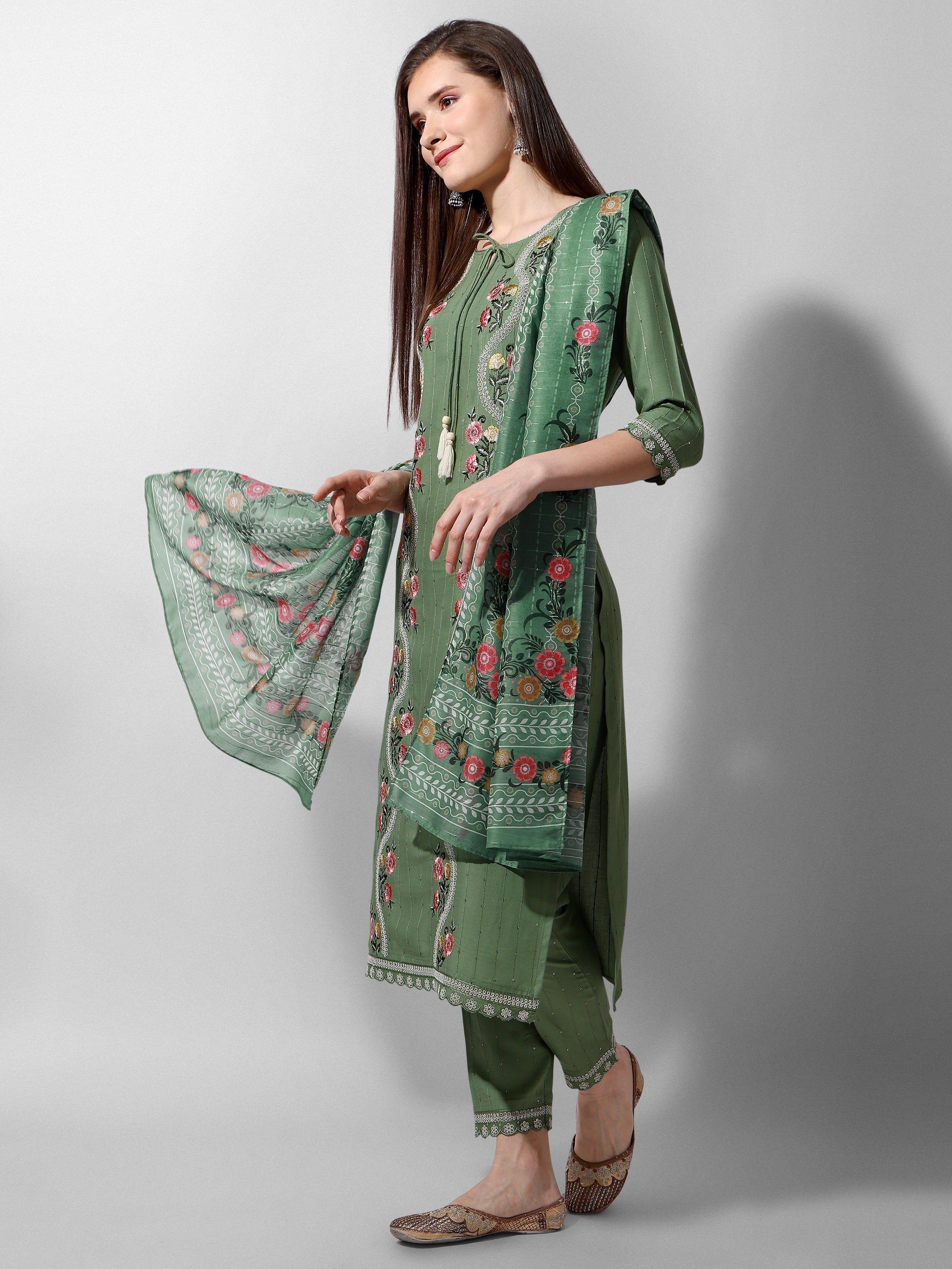Embroidered Rayon Sequined Green Kurta With Pant & Dupatta Set Premium, Multicolor - Hiral Fashion | Grocsy