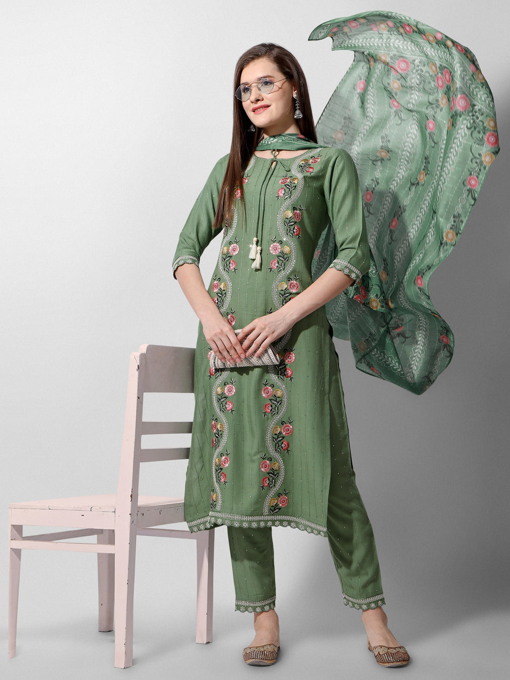 Embroidered Rayon Sequined Green Kurta With Pant & Dupatta Set Premium, Multicolor - Hiral Fashion | Grocsy