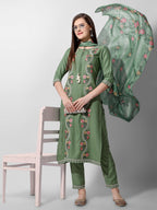 Embroidered Rayon Sequined Green Kurta With Pant & Dupatta Set Premium, Multicolor - Hiral Fashion | Grocsy