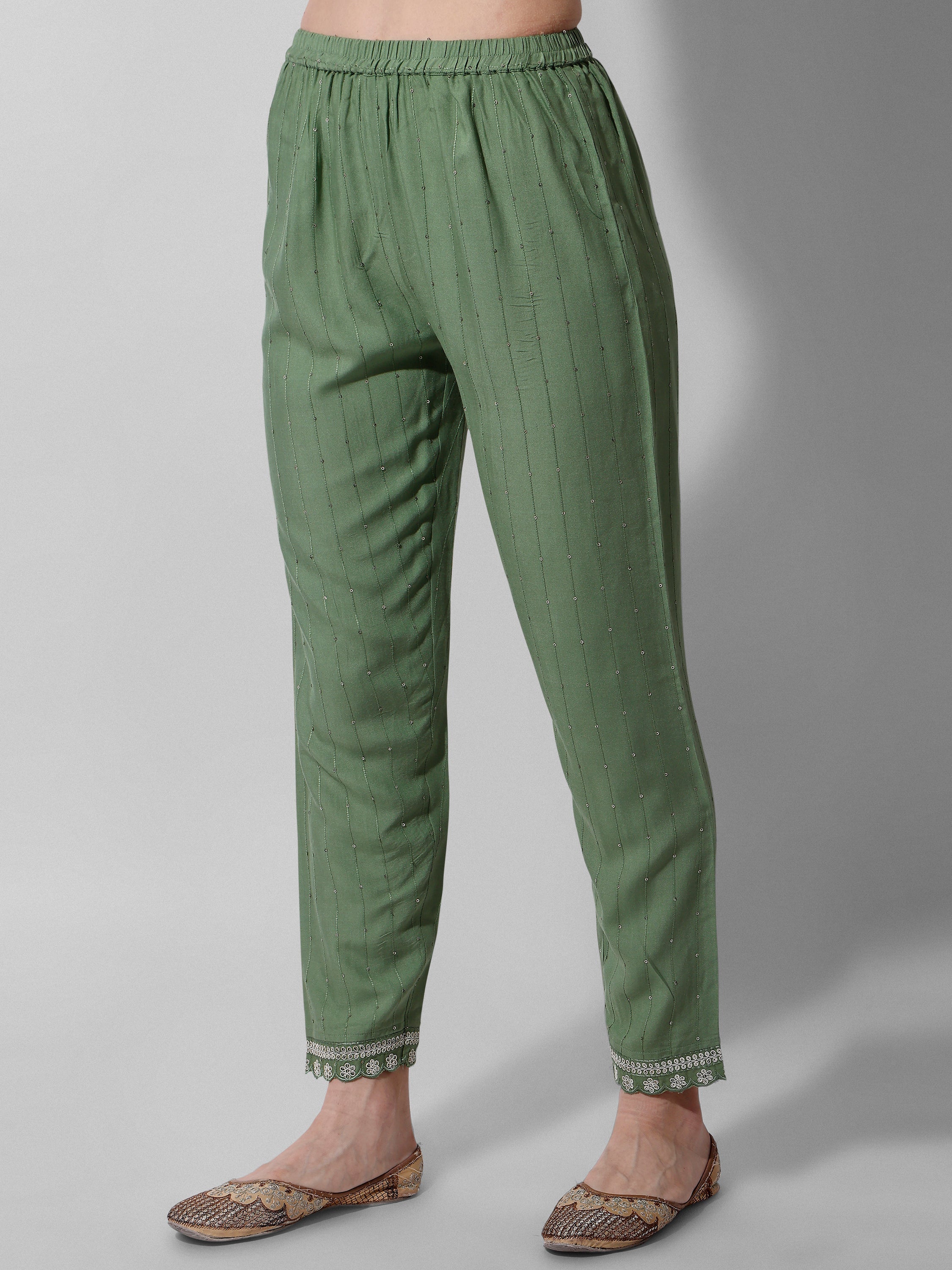 Embroidered Rayon Sequined Green Kurta With Pant & Dupatta Set Premium, Multicolor - Hiral Fashion | Grocsy