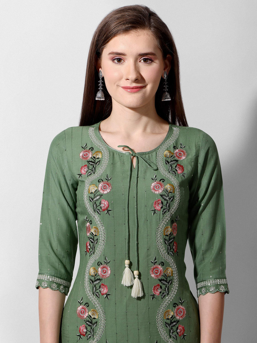 Embroidered Rayon Sequined Green Kurta With Pant & Dupatta Set Premium, Multicolor - Hiral Fashion | Grocsy