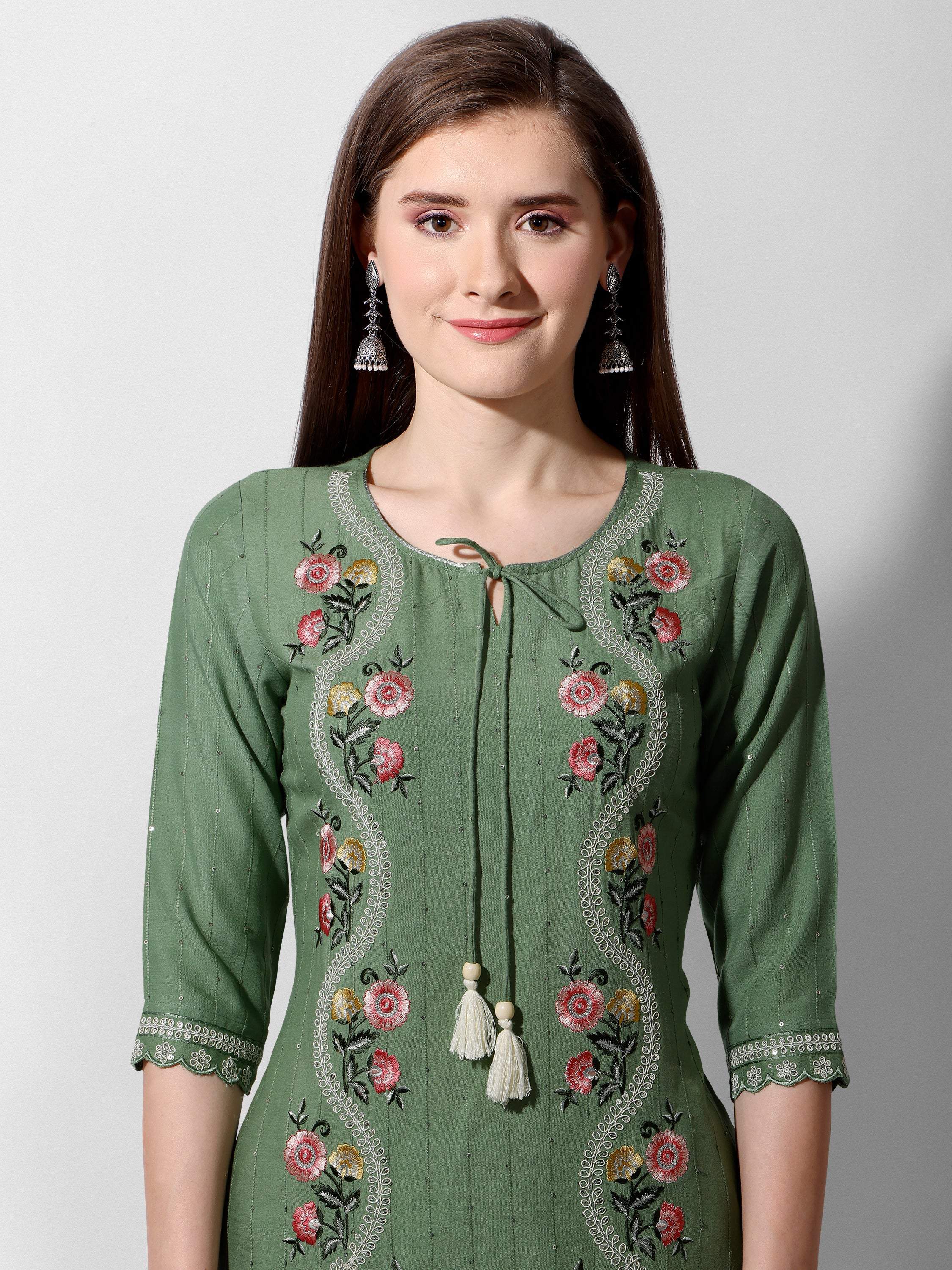 Embroidered Rayon Sequined Green Kurta With Pant & Dupatta Set Premium, Multicolor - Hiral Fashion | Grocsy