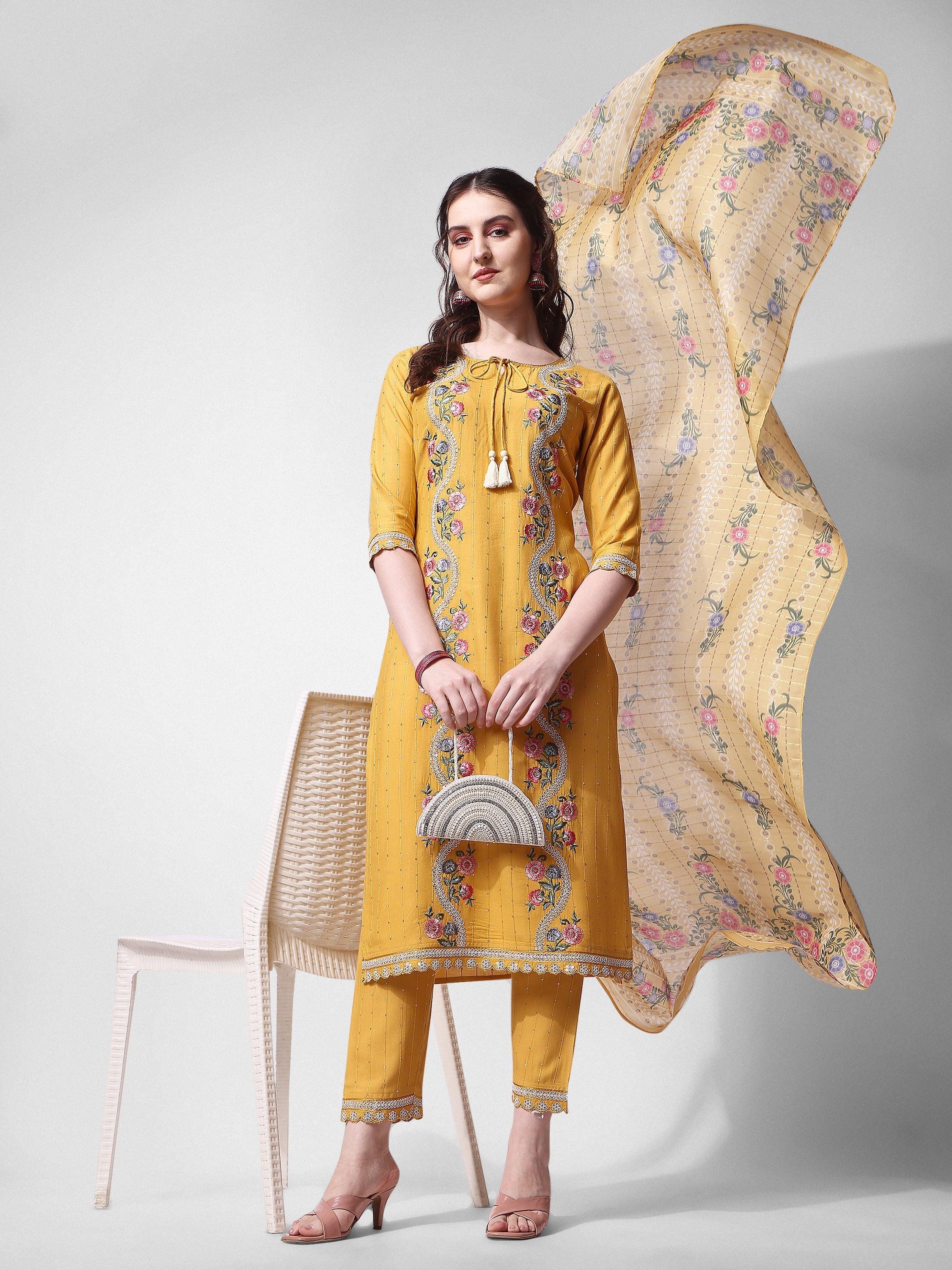 Embroidered Rayon Sequined Kurta With Pant & Dupatta Set Premium, Multicolor - Hiral Fashion | Grocsy