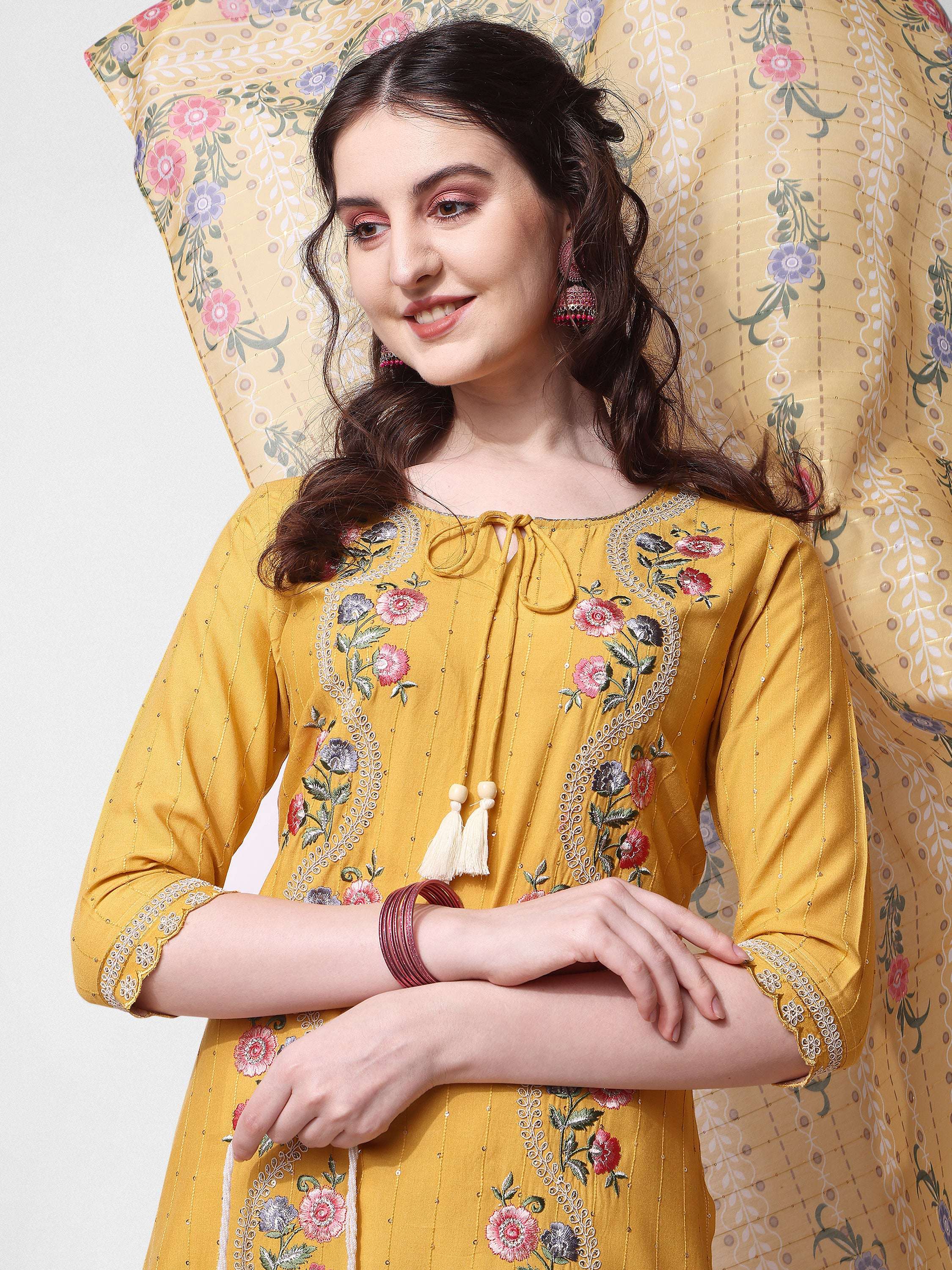 Embroidered Rayon Sequined Kurta With Pant & Dupatta Set Premium, Multicolor - Hiral Fashion | Grocsy