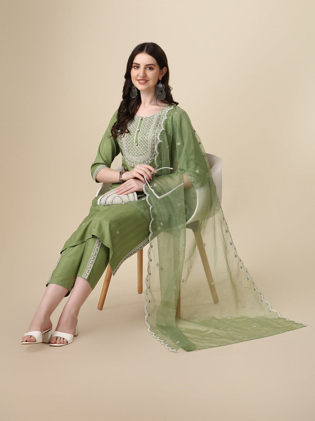Embroidered Kurta With Pant And Dupatta Set, Multicolor - Hiral Fashion | Grocsy