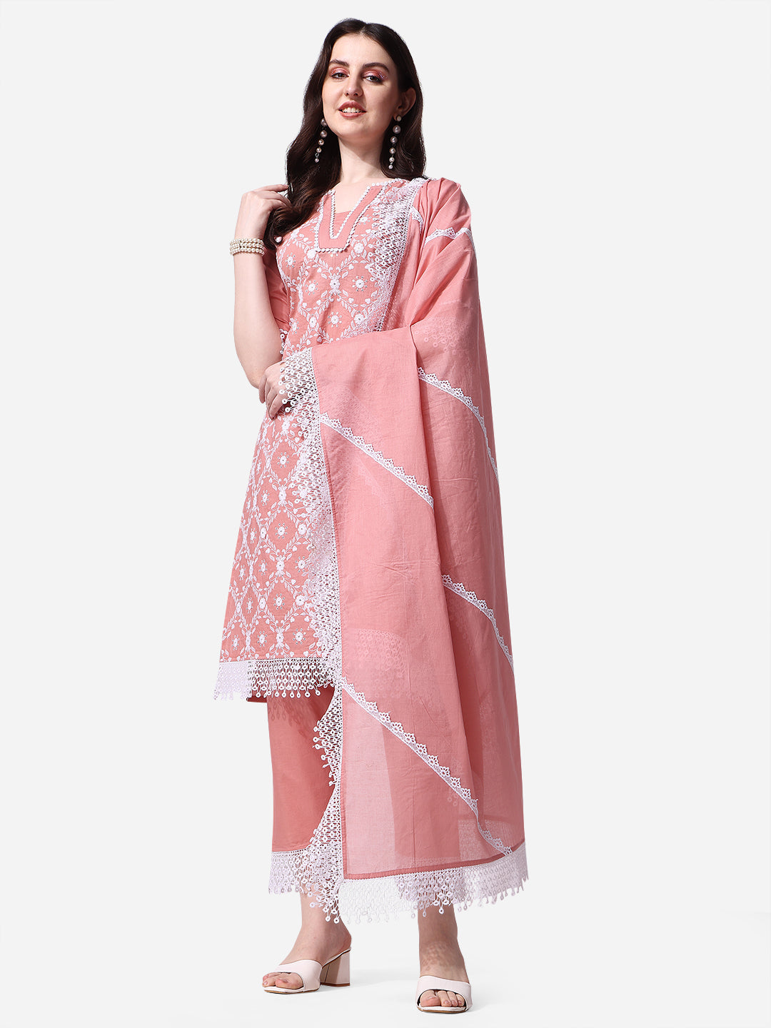 Lucknawi Embroidered Kurta With Pant & Dupatta Set, Multicolor - Hiral Fashion | Grocsy