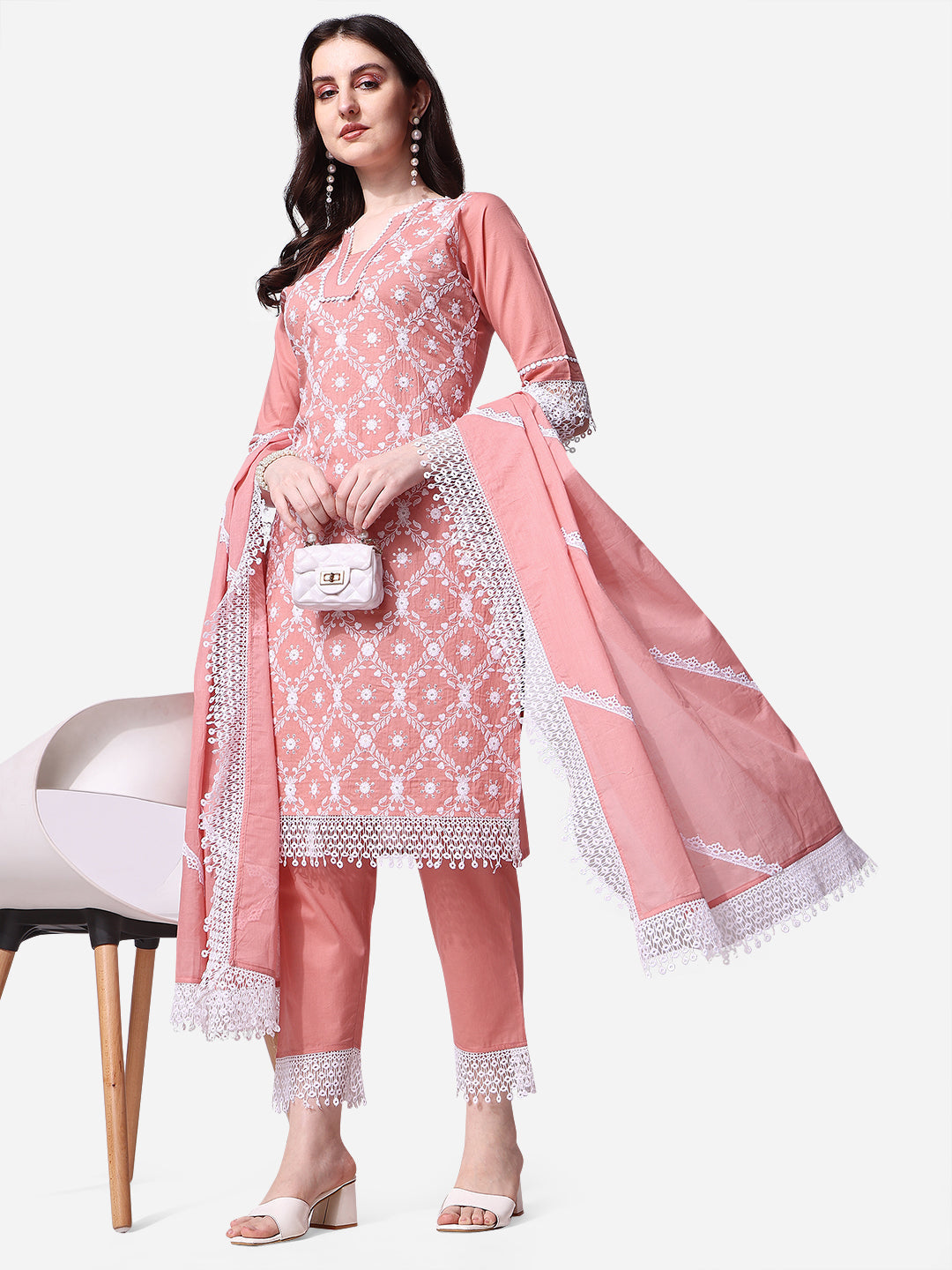 Lucknawi Embroidered Kurta With Pant & Dupatta Set, Multicolor - Hiral Fashion | Grocsy