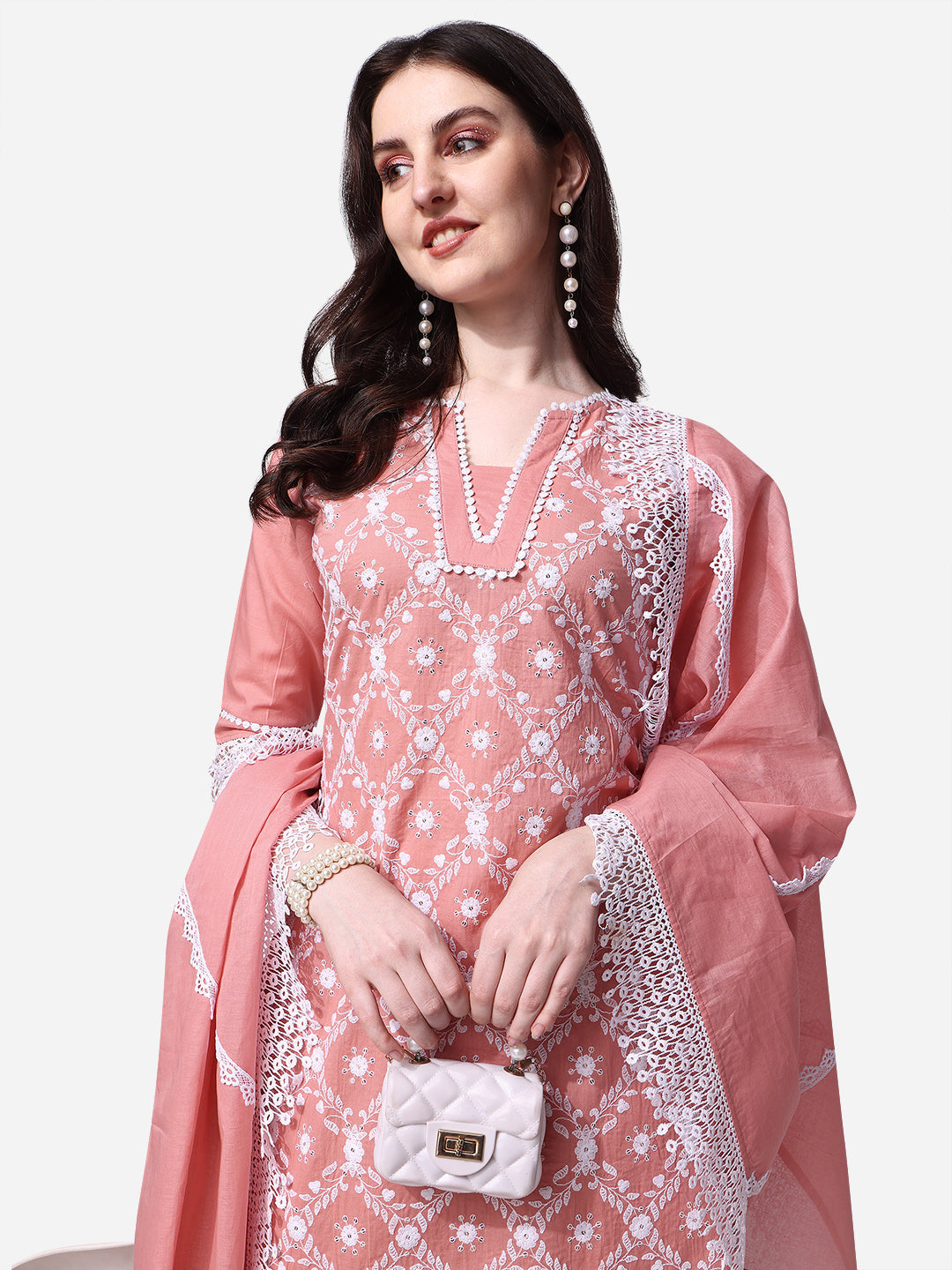 Lucknawi Embroidered Kurta With Pant & Dupatta Set, Multicolor - Hiral Fashion | Grocsy