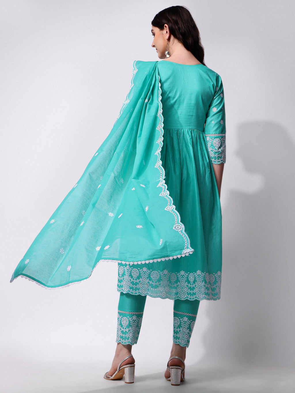 Nayra Cut Chikankari Embroidered Kurta With Pant And Dupatta Set, Multicolor - Hiral Fashion | Grocsy