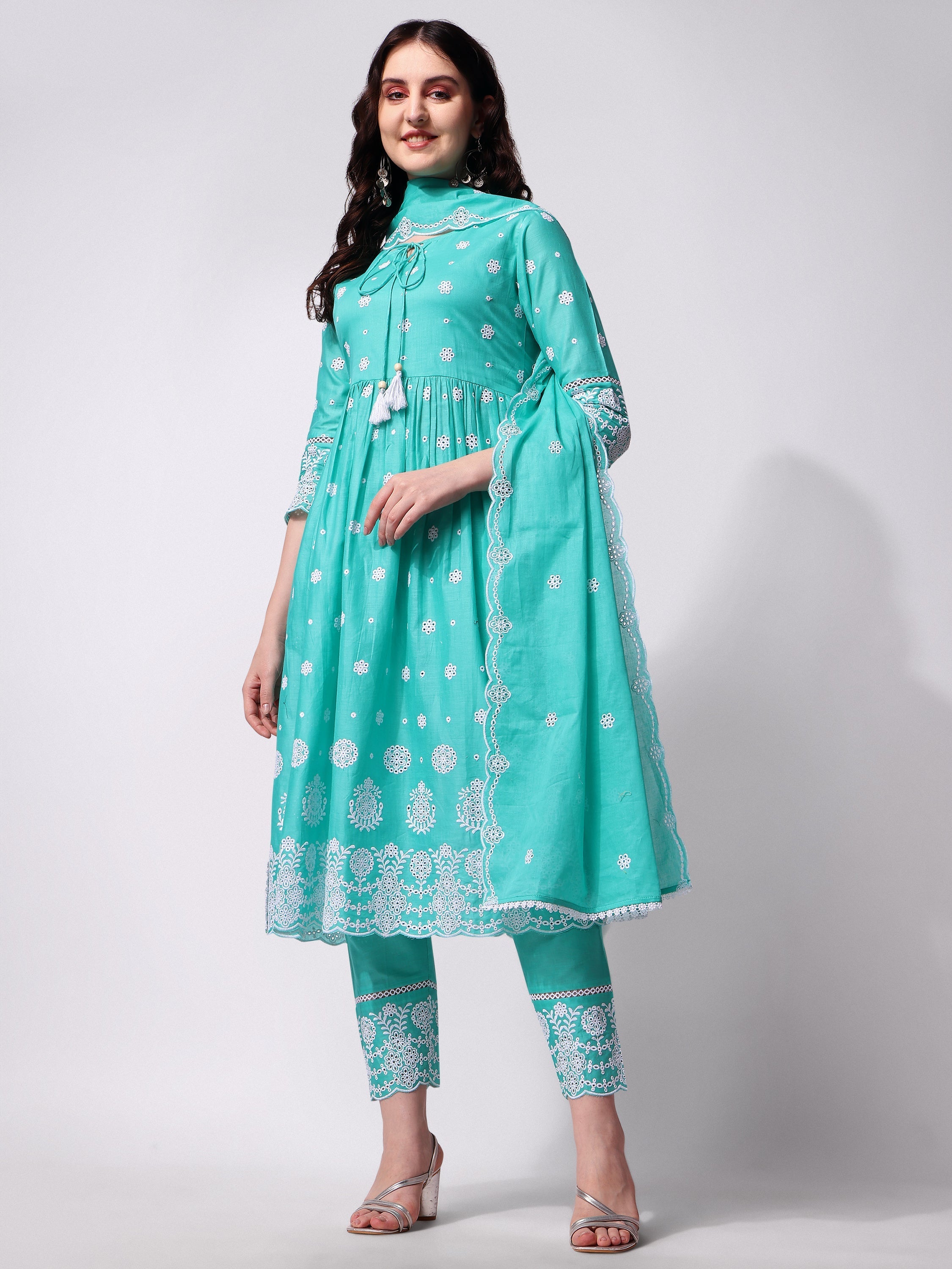 Nayra Cut Chikankari Embroidered Kurta With Pant And Dupatta Set, Multicolor - Hiral Fashion | Grocsy