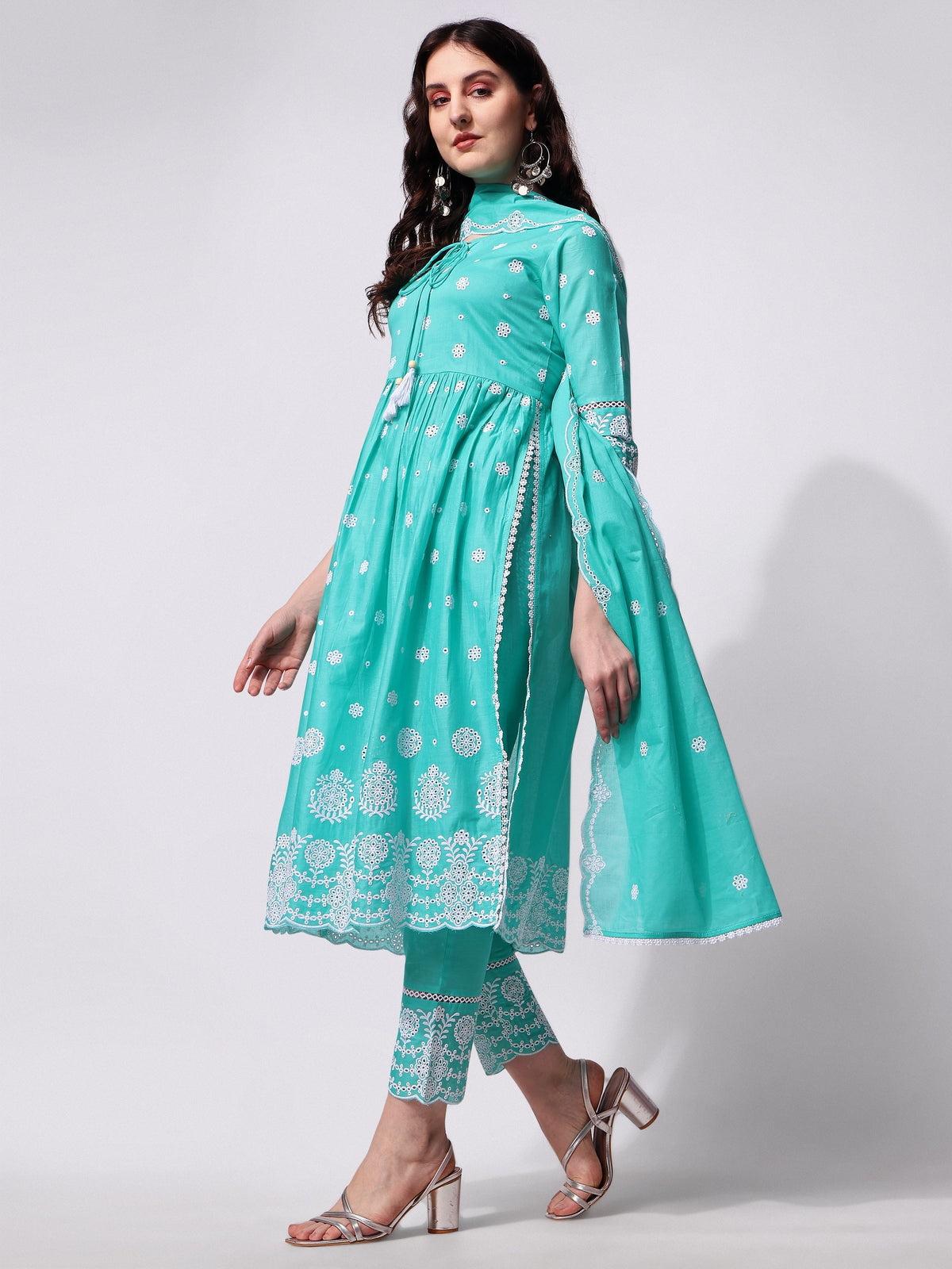 Nayra Cut Chikankari Embroidered Kurta With Pant And Dupatta Set, Multicolor - Hiral Fashion | Grocsy