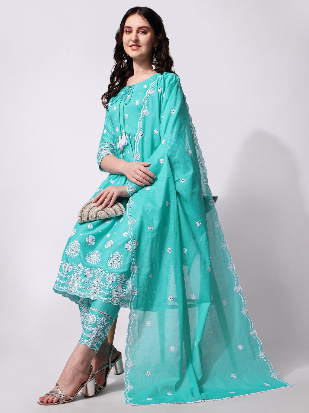 Nayra Cut Chikankari Embroidered Kurta With Pant And Dupatta Set, Multicolor - Hiral Fashion | Grocsy