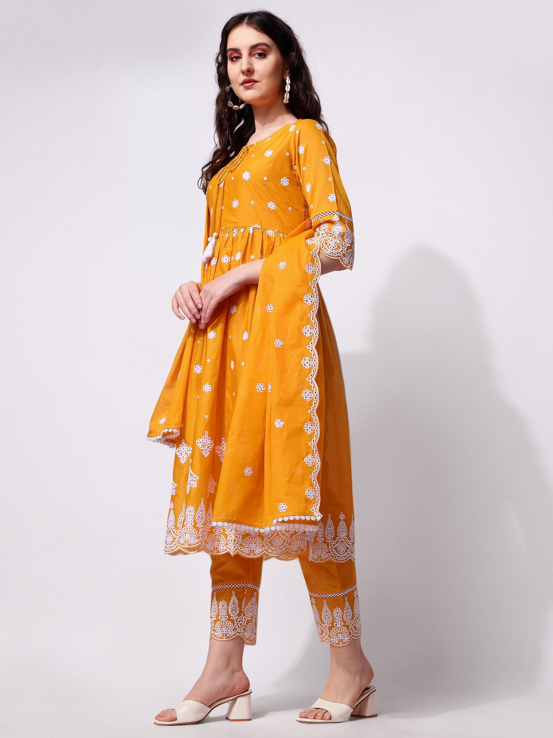 Nayra Cut Chikankari Embroidered Kurta With Pant And Dupatta Set, Multicolor - Hiral Fashion | Grocsy