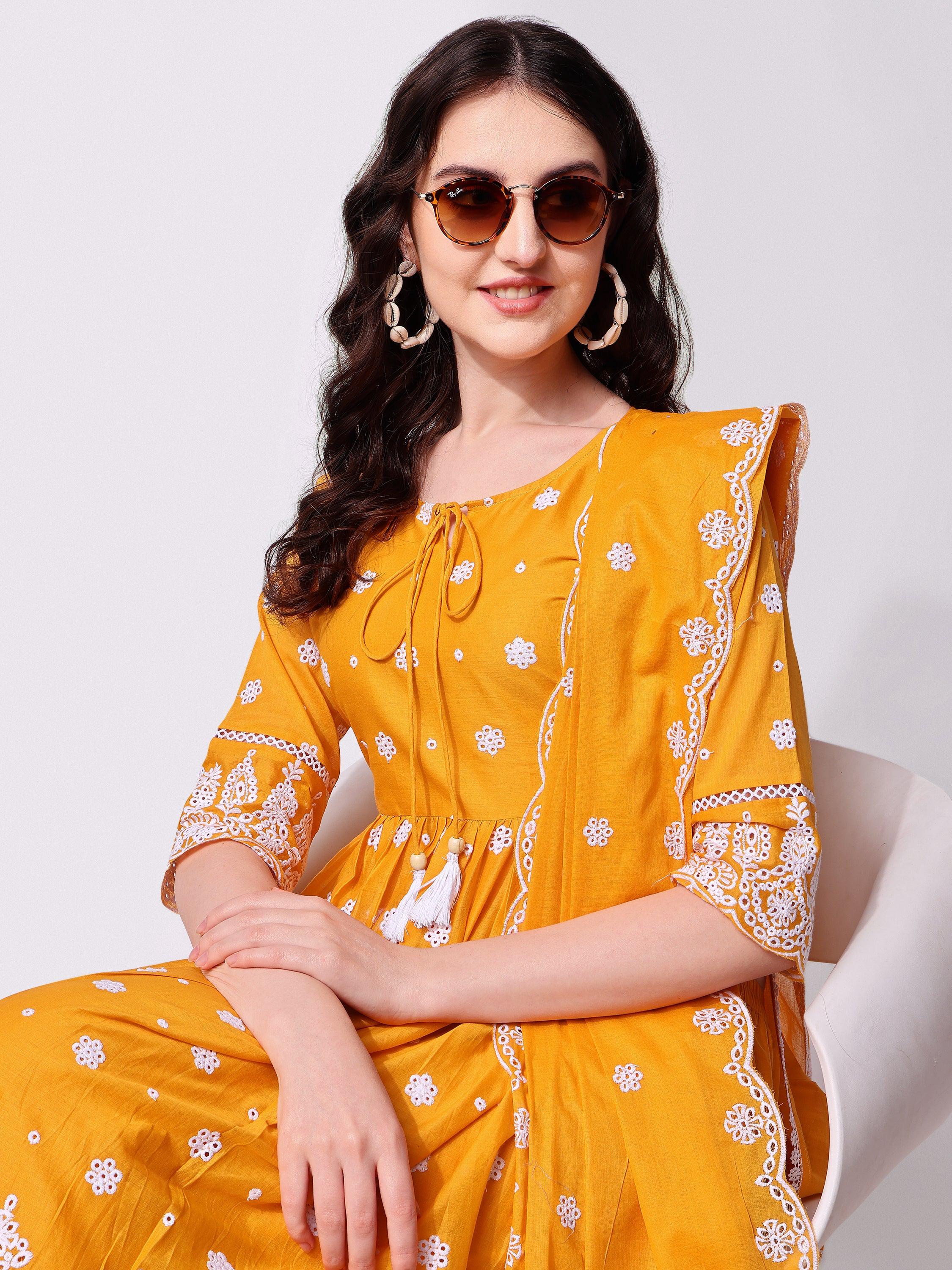 Nayra Cut Chikankari Embroidered Kurta With Pant And Dupatta Set, Multicolor - Hiral Fashion | Grocsy