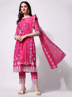 Nayra Cut Chikankari Embroidered Kurta With Pant And Dupatta Set, Multicolor - Hiral Fashion | Grocsy