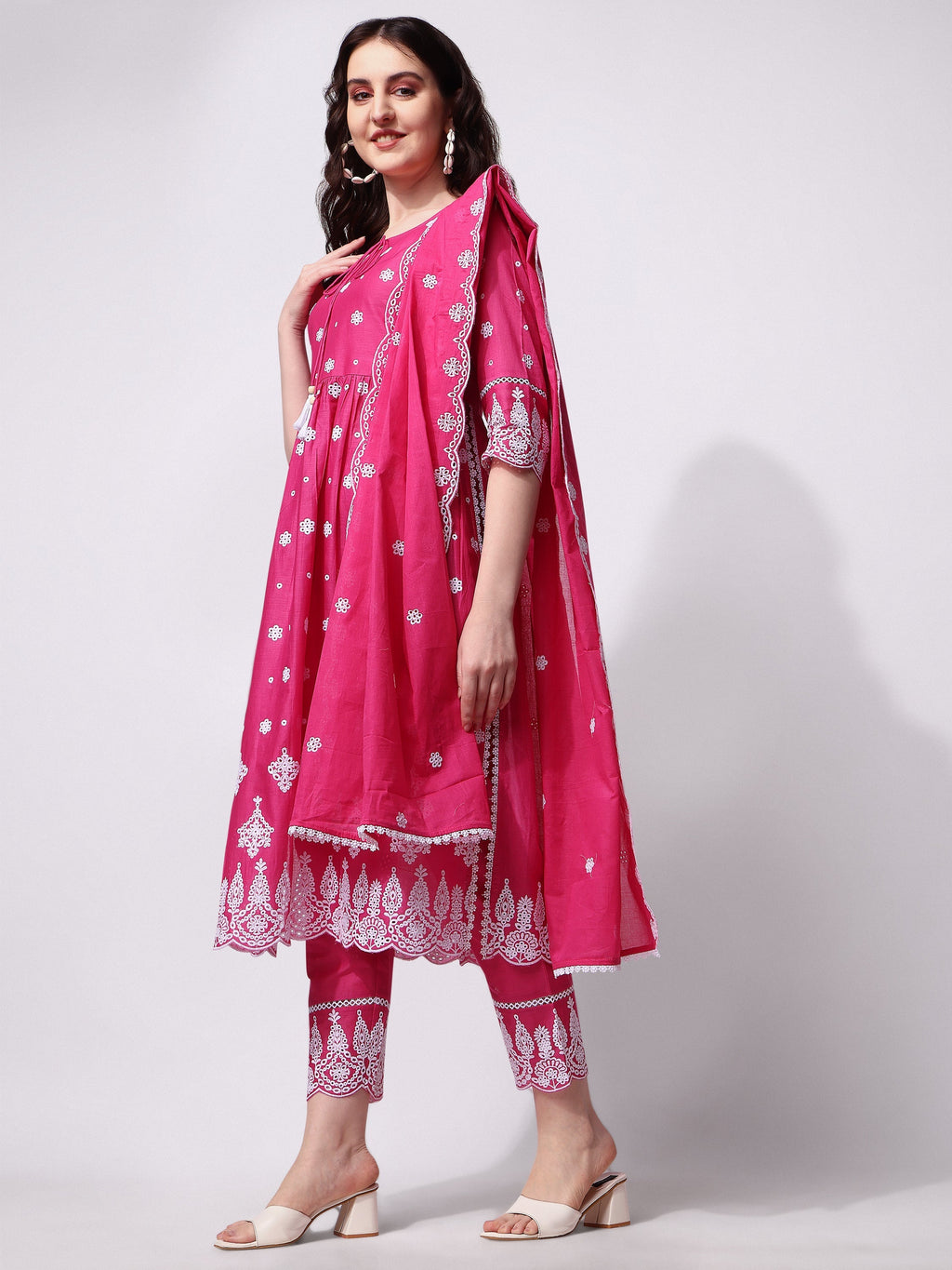 Nayra Cut Chikankari Embroidered Kurta With Pant And Dupatta Set, Multicolor - Hiral Fashion | Grocsy