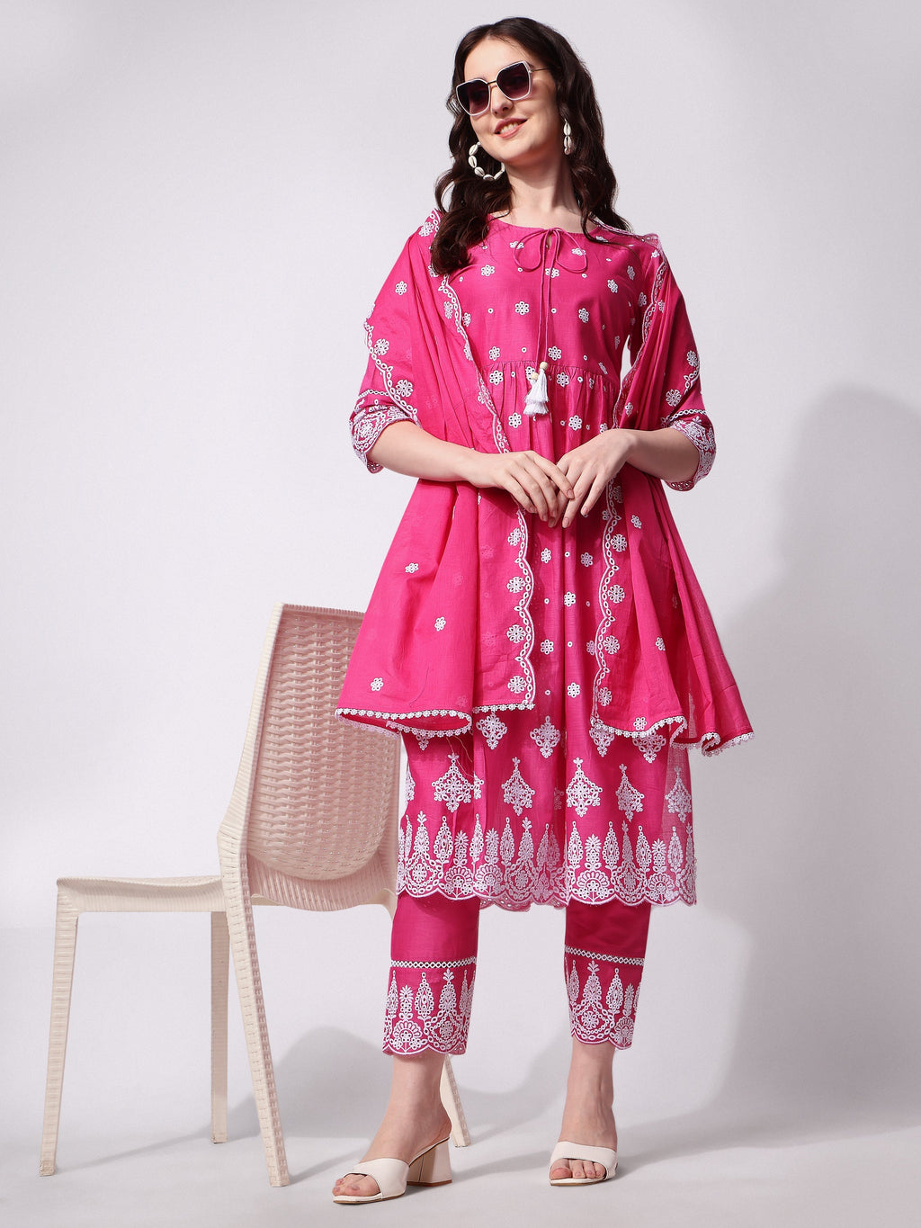 Nayra Cut Chikankari Embroidered Kurta With Pant And Dupatta Set, Multicolor - Hiral Fashion | Grocsy