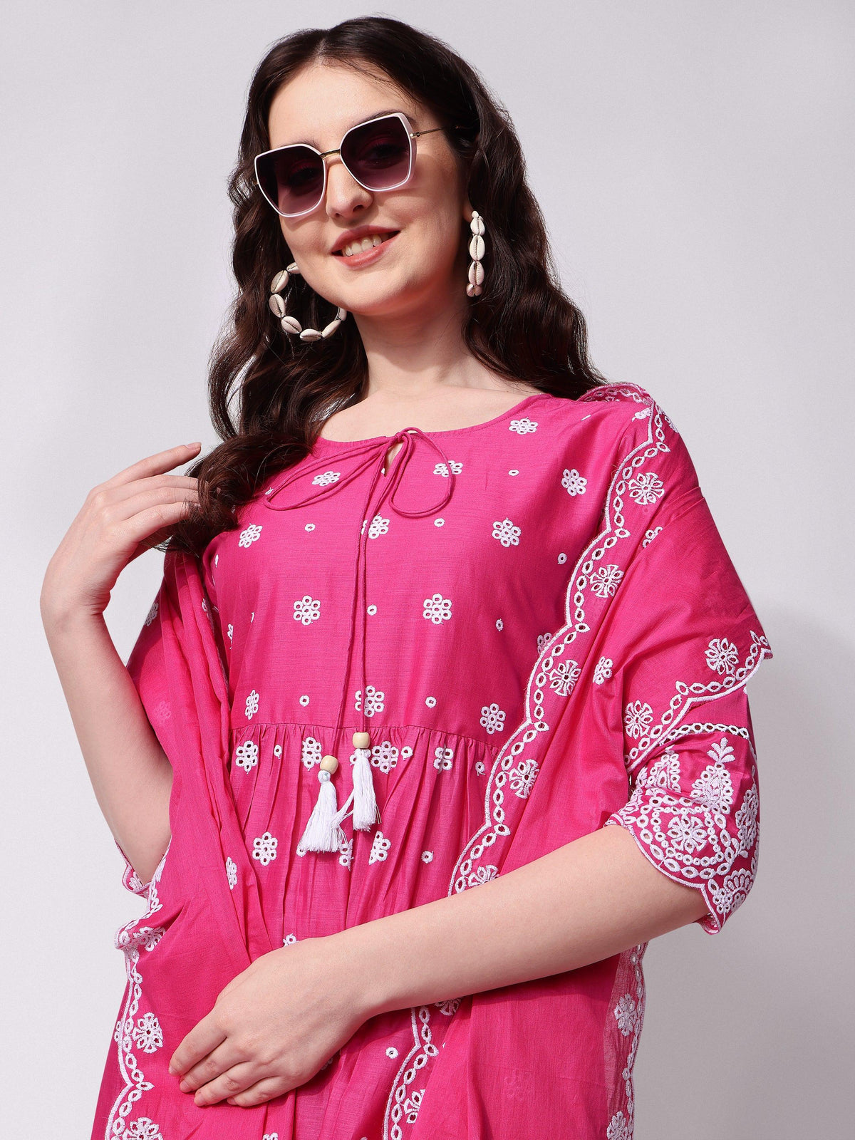 Nayra Cut Chikankari Embroidered Kurta With Pant And Dupatta Set, Multicolor - Hiral Fashion | Grocsy