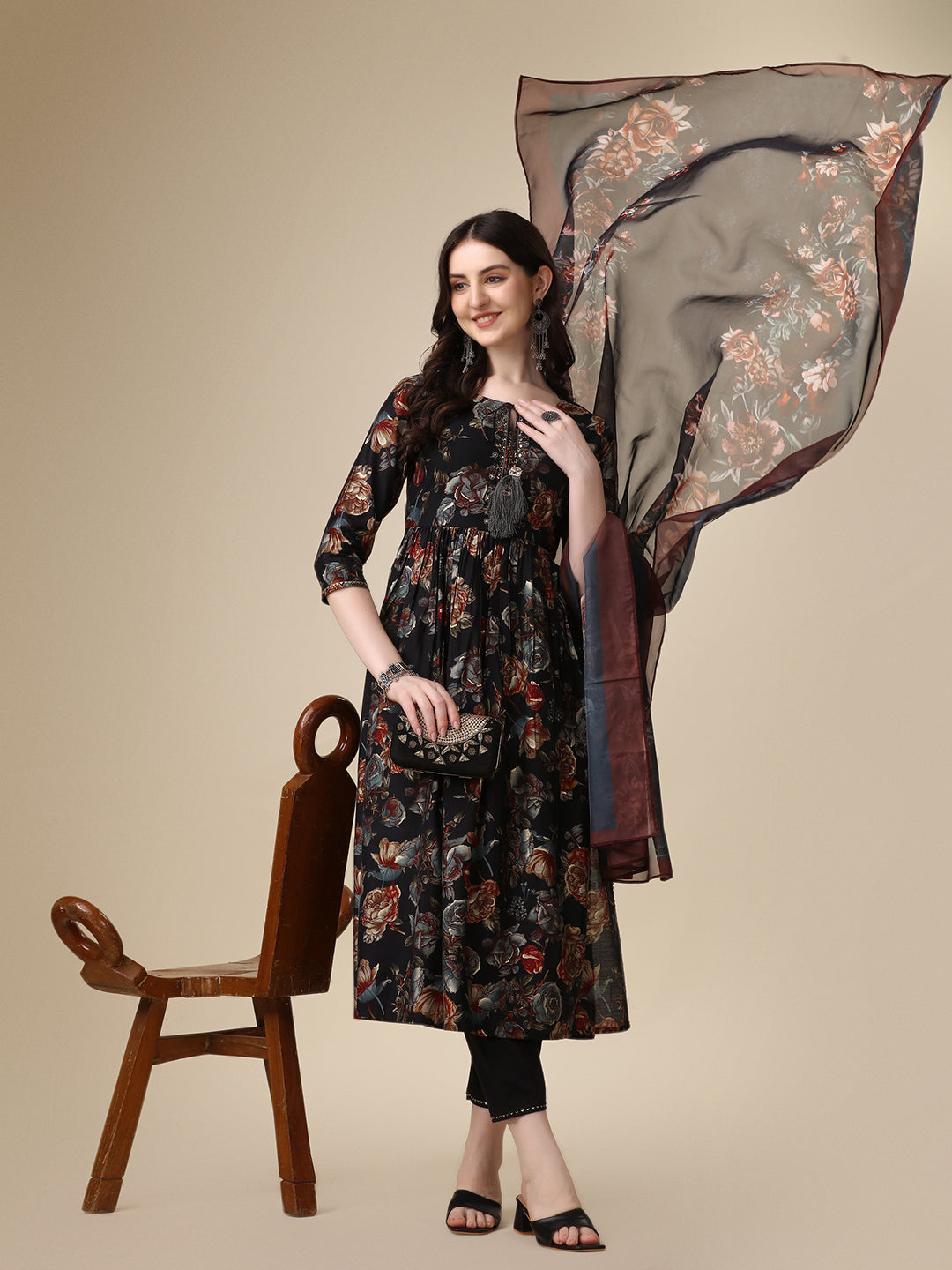 Nayra Cut Printed Kurta With Pant And Dupatta Set, Multicolor - Hiral Fashion | Grocsy
