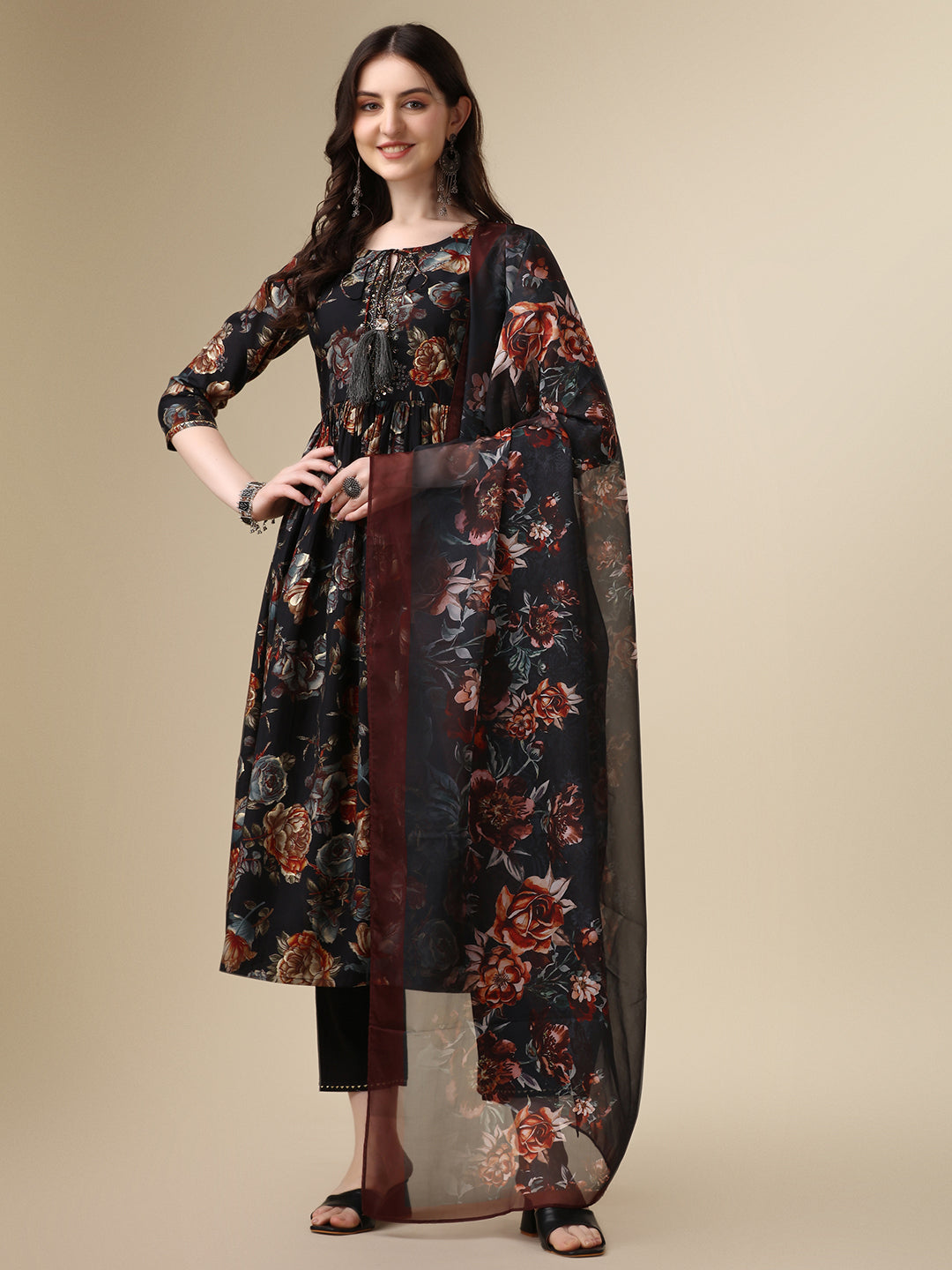 Nayra Cut Printed Kurta With Pant And Dupatta Set, Multicolor - Hiral Fashion | Grocsy