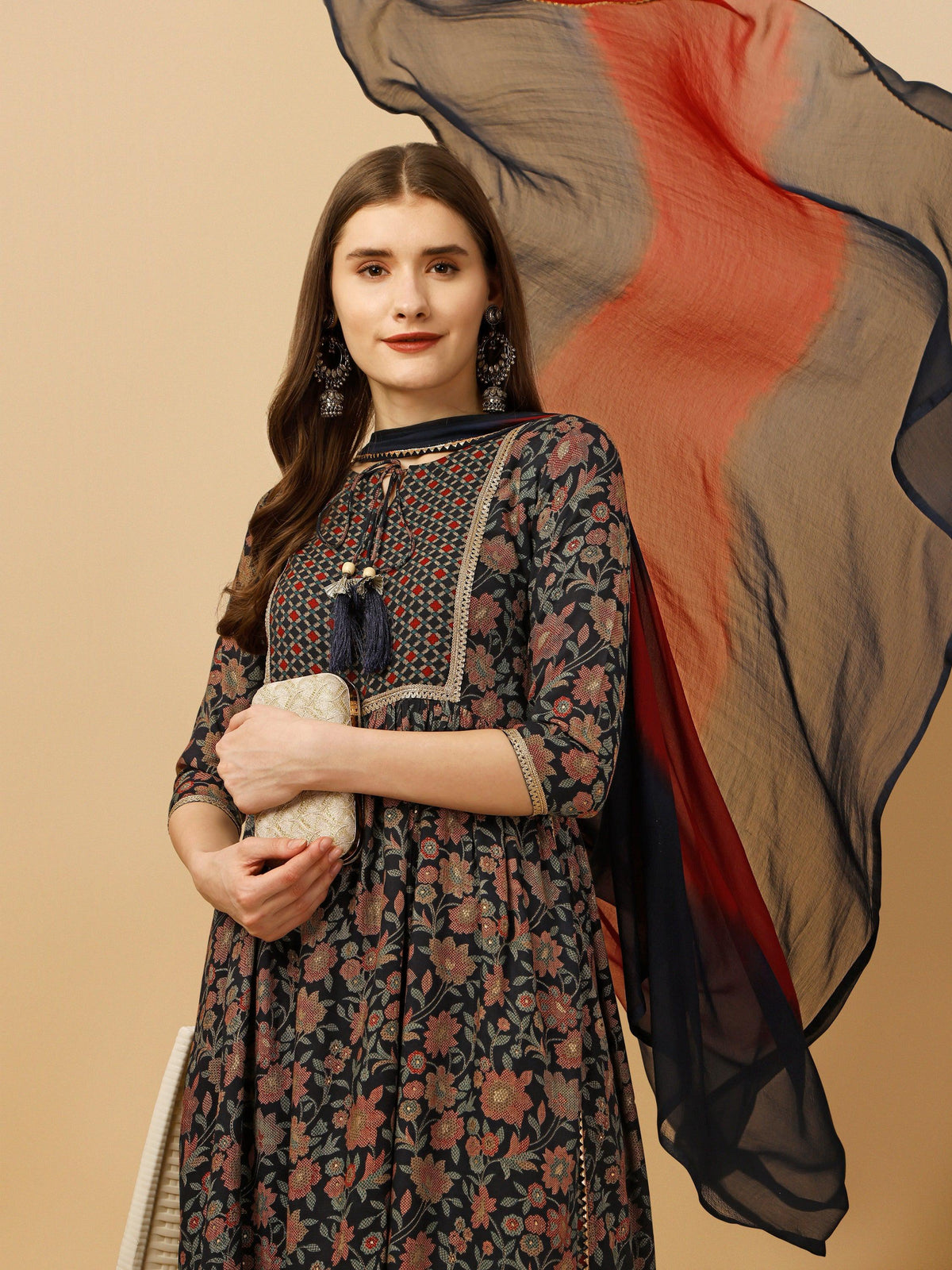 Nayra Cut Embroidered Kurta With Pant And Dupatta Set, Multicolor - Hiral Fashion | Grocsy