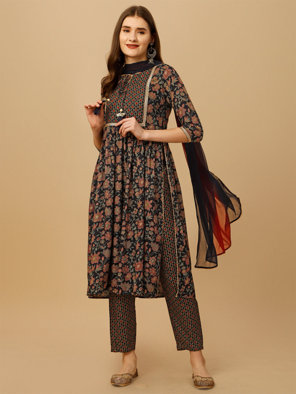Nayra Cut Embroidered Kurta With Pant And Dupatta Set, Multicolor - Hiral Fashion | Grocsy