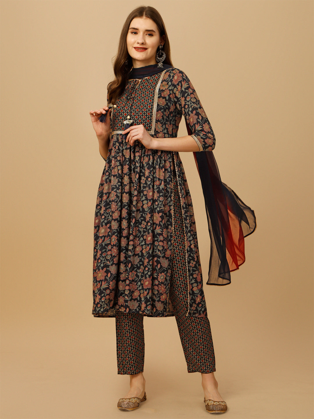 Nayra Cut Embroidered Kurta With Pant And Dupatta Set, Multicolor - Hiral Fashion | Grocsy