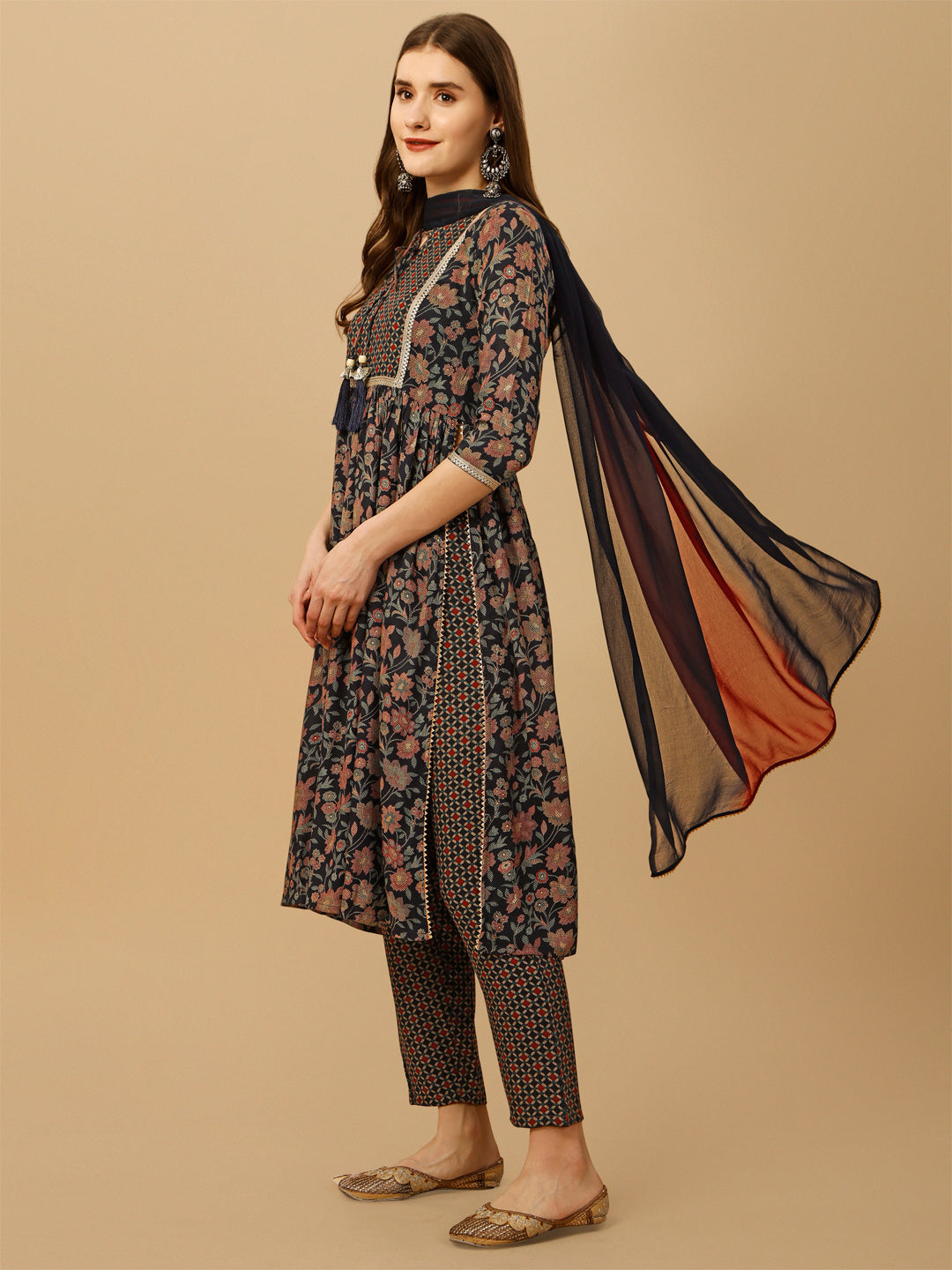 Nayra Cut Embroidered Kurta With Pant And Dupatta Set, Multicolor - Hiral Fashion | Grocsy