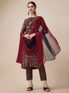 Embroidered Kurta With Pant And Dupatta Set, Multicolor - Hiral Fashion | Grocsy