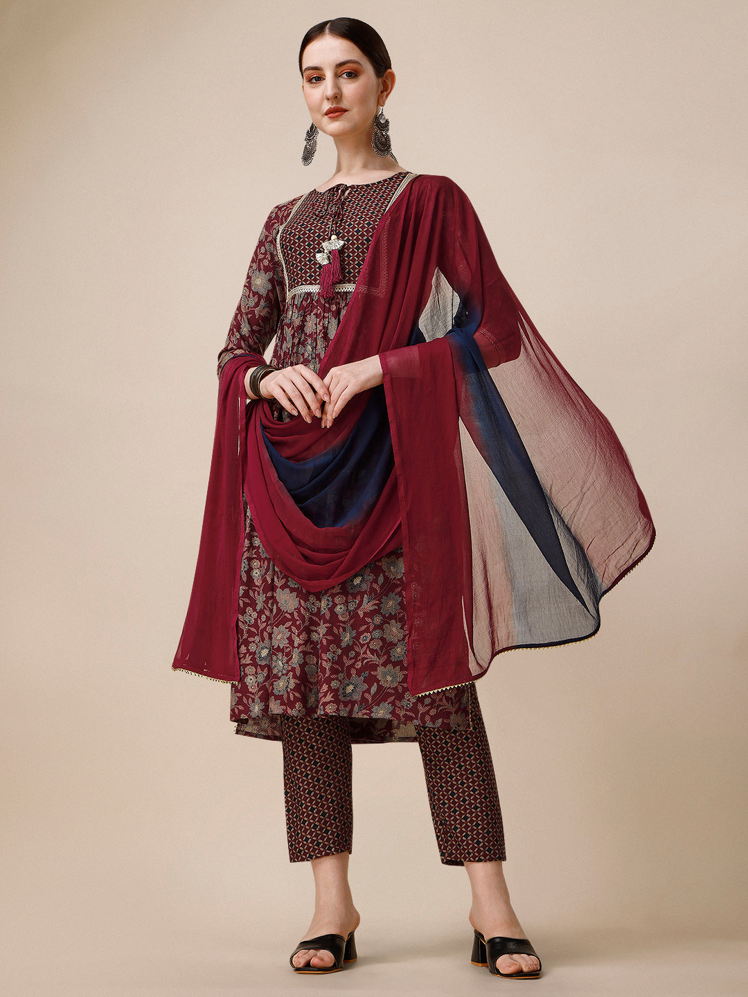Embroidered Kurta With Pant And Dupatta Set, Multicolor - Hiral Fashion | Grocsy