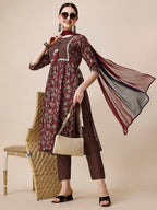 Embroidered Kurta With Pant And Dupatta Set, Multicolor - Hiral Fashion | Grocsy