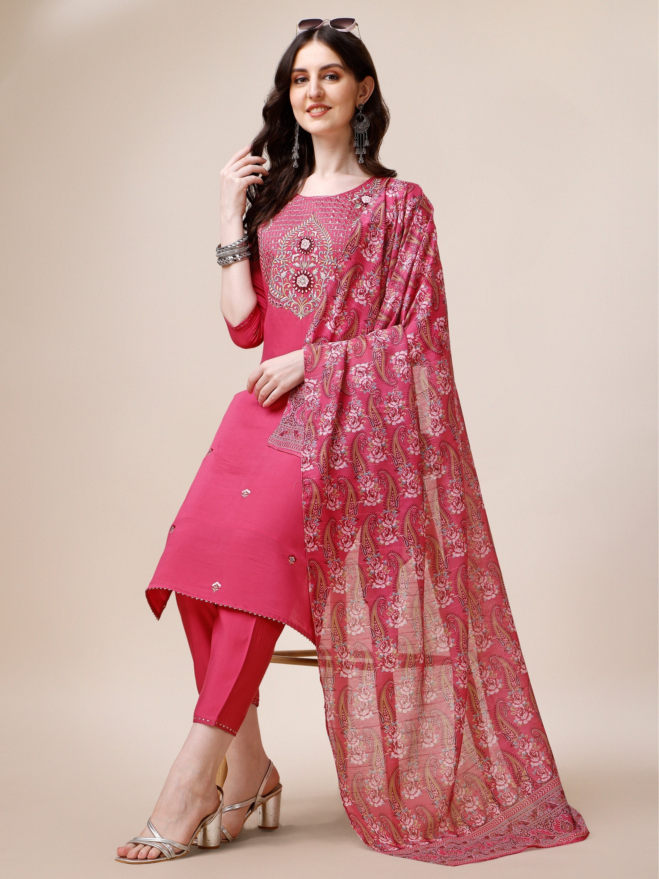 Embroidered Kurta With Pant And Dupatta Set, Multicolor - Hiral Fashion | Grocsy