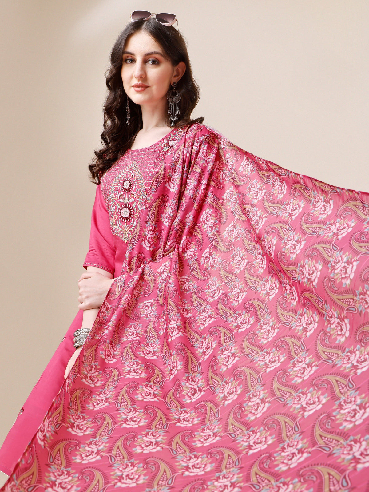 Embroidered Kurta With Pant And Dupatta Set, Multicolor - Hiral Fashion | Grocsy