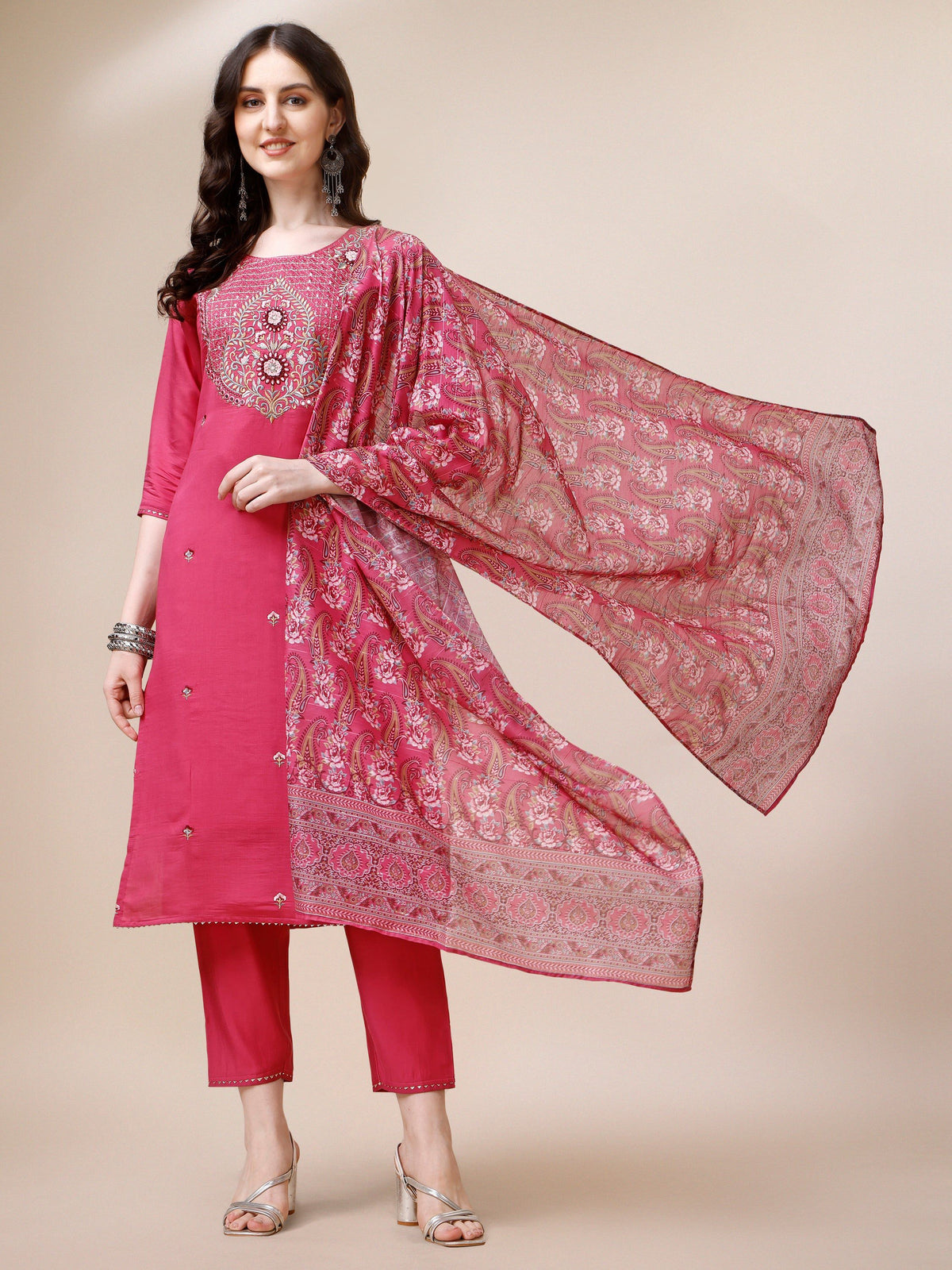 Embroidered Kurta With Pant And Dupatta Set, Multicolor - Hiral Fashion | Grocsy
