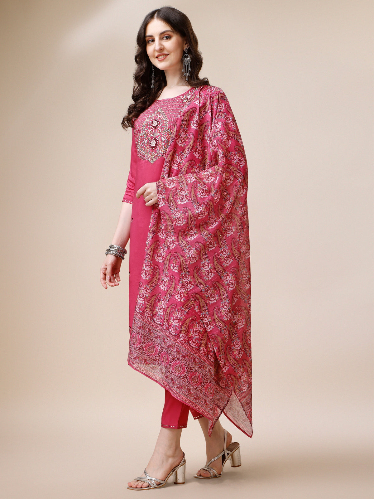Embroidered Kurta With Pant And Dupatta Set, Multicolor - Hiral Fashion | Grocsy