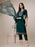 Embroidered Kurta With Organza Printed Dupatta And Pant Set, Multicolor - Hiral Fashion | Grocsy