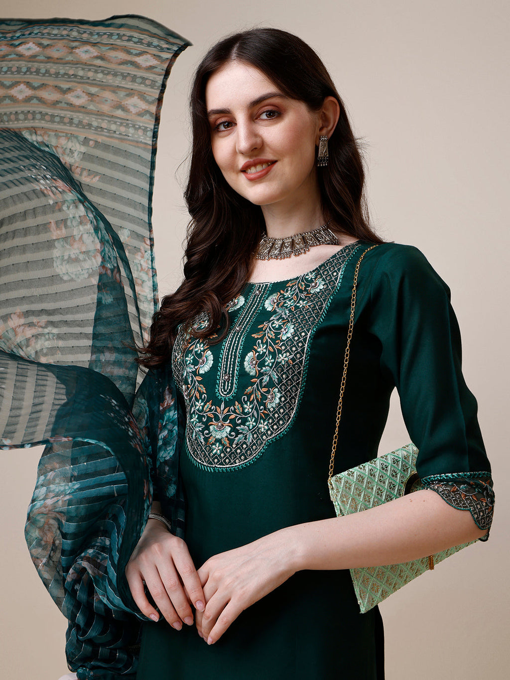 Embroidered Kurta With Organza Printed Dupatta And Pant Set, Multicolor - Hiral Fashion | Grocsy