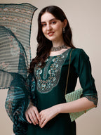 Embroidered Kurta With Organza Printed Dupatta And Pant Set, Multicolor - Hiral Fashion | Grocsy