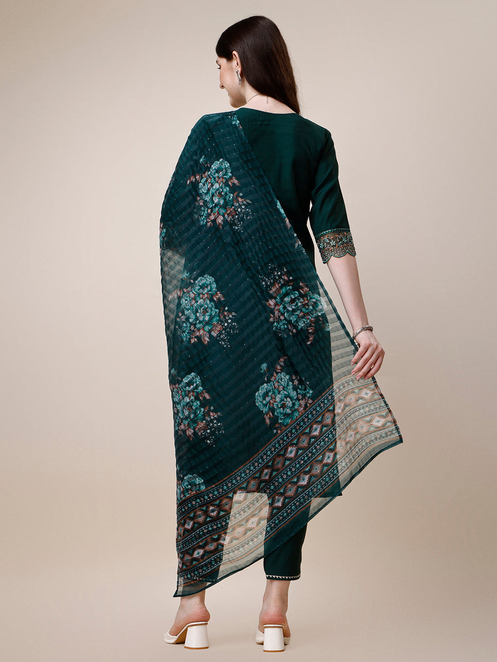Embroidered Kurta With Organza Printed Dupatta And Pant Set, Multicolor - Hiral Fashion | Grocsy