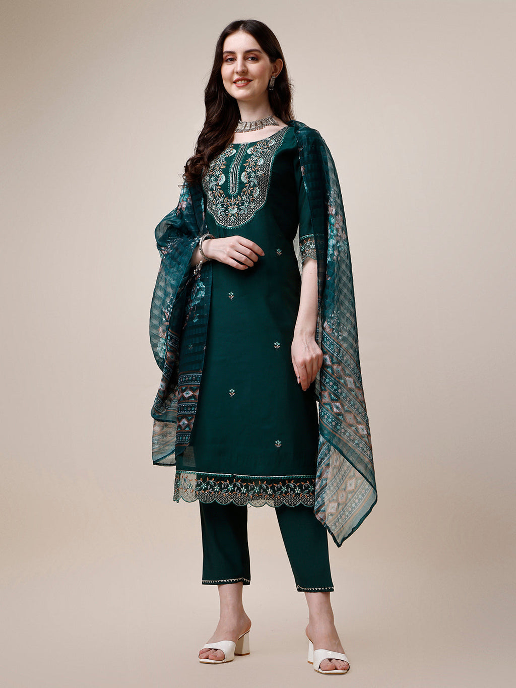 Embroidered Kurta With Organza Printed Dupatta And Pant Set, Multicolor - Hiral Fashion | Grocsy