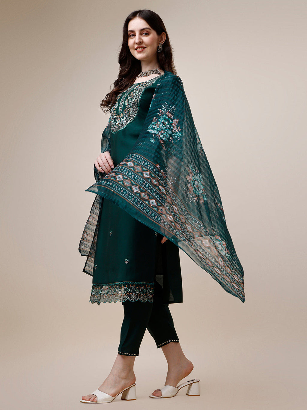 Embroidered Kurta With Organza Printed Dupatta And Pant Set, Multicolor - Hiral Fashion | Grocsy
