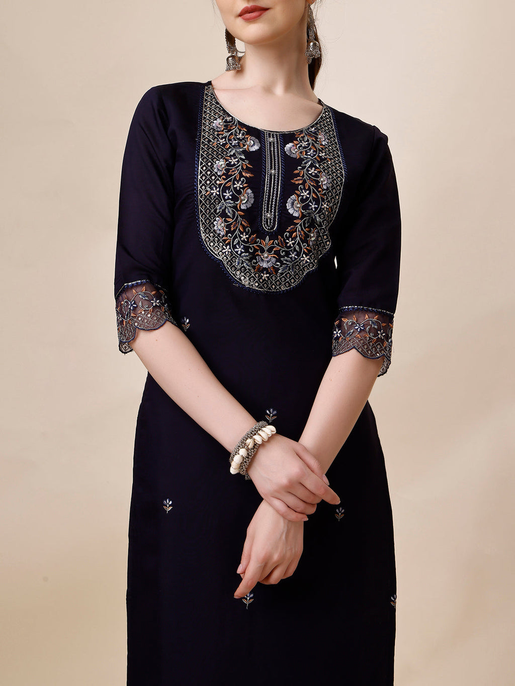 Hand Embroidered Kurta With Pant And Organza Printed Dupatta Set, Multicolor - Hiral Fashion | Grocsy