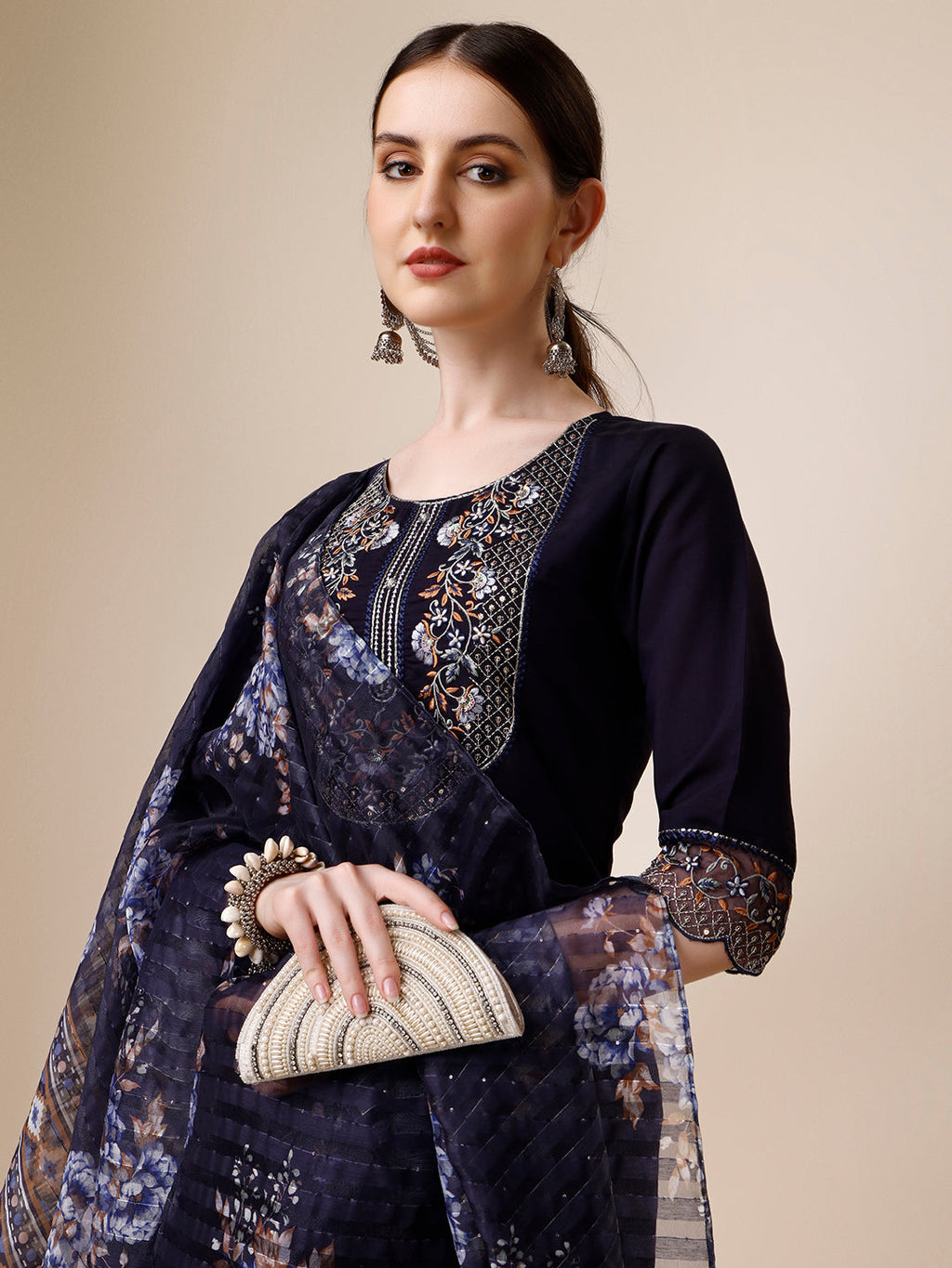 Hand Embroidered Kurta With Pant And Organza Printed Dupatta Set, Multicolor - Hiral Fashion | Grocsy