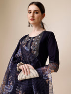 Hand Embroidered Kurta With Pant And Organza Printed Dupatta Set, Multicolor - Hiral Fashion | Grocsy