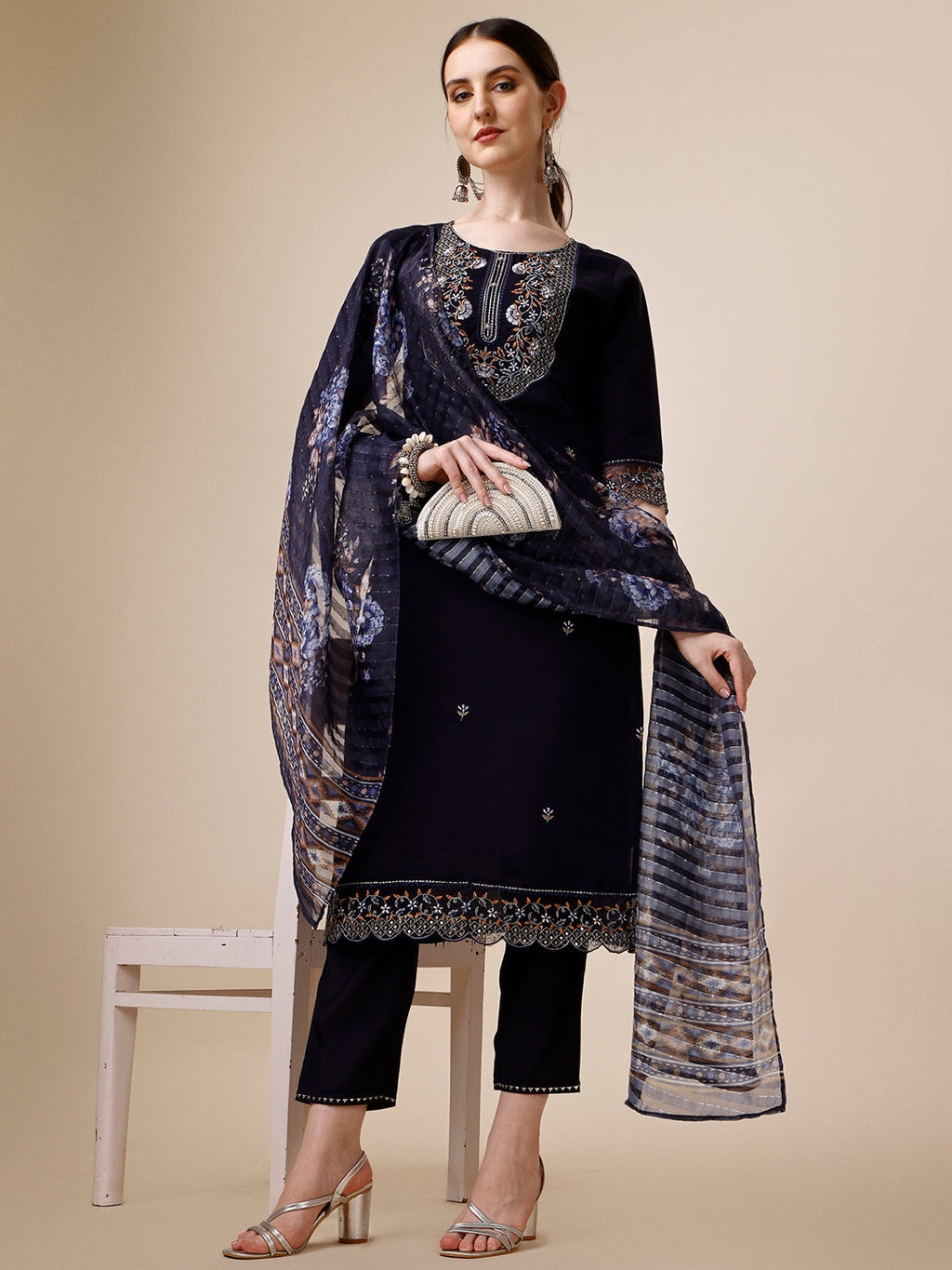Hand Embroidered Kurta With Pant And Organza Printed Dupatta Set, Multicolor - Hiral Fashion | Grocsy