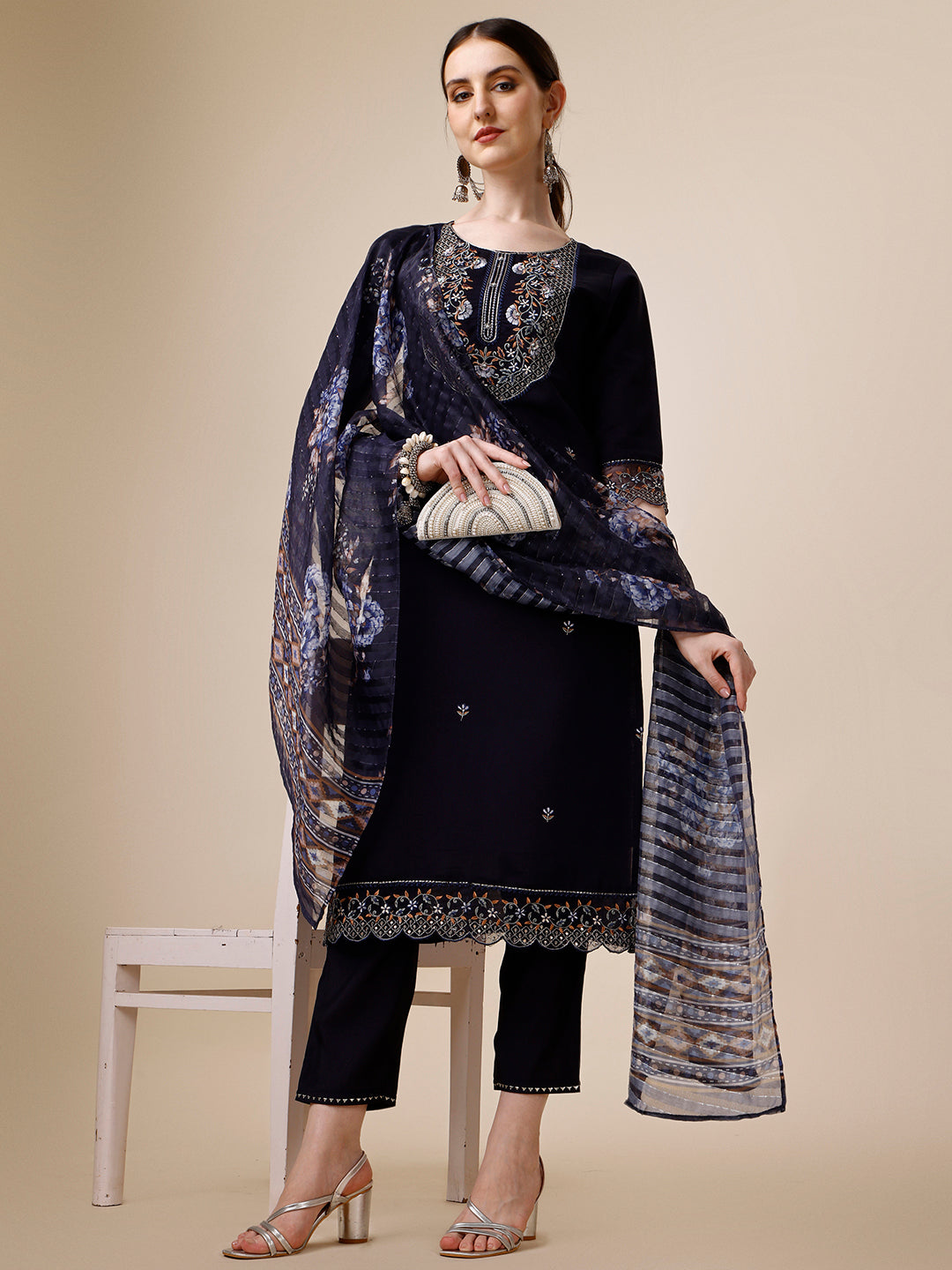 Hand Embroidered Kurta With Pant And Organza Printed Dupatta Set, Multicolor - Hiral Fashion | Grocsy